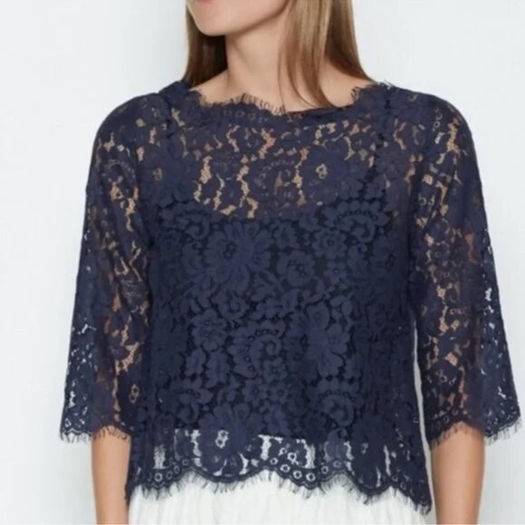 Joie Elvia Button Back Eyelash Lace Scalloped Sheer Midnight Blue Shirt Blouse - Picture 2 of 7